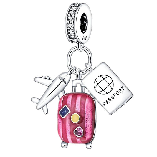 Plane, Passport, and Pink Suitcase Triple Dangle Charm